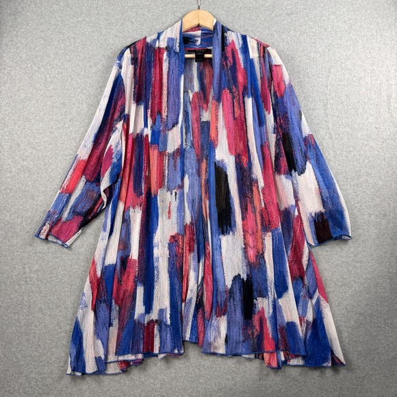 Ali Miles Sweaters - Ali Miles Cardigan Womens 2X Blue Pink Abstract Brushstroke Open Front Mesh